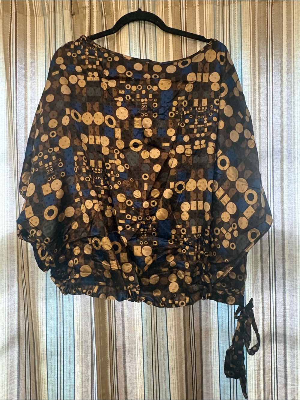Black Blouse with Gold Geometric Print and Side Tie